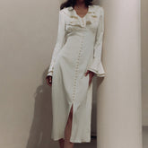 French Ruffled V neck Bell Sleeve Single Breasted Elegant Slim Dress for